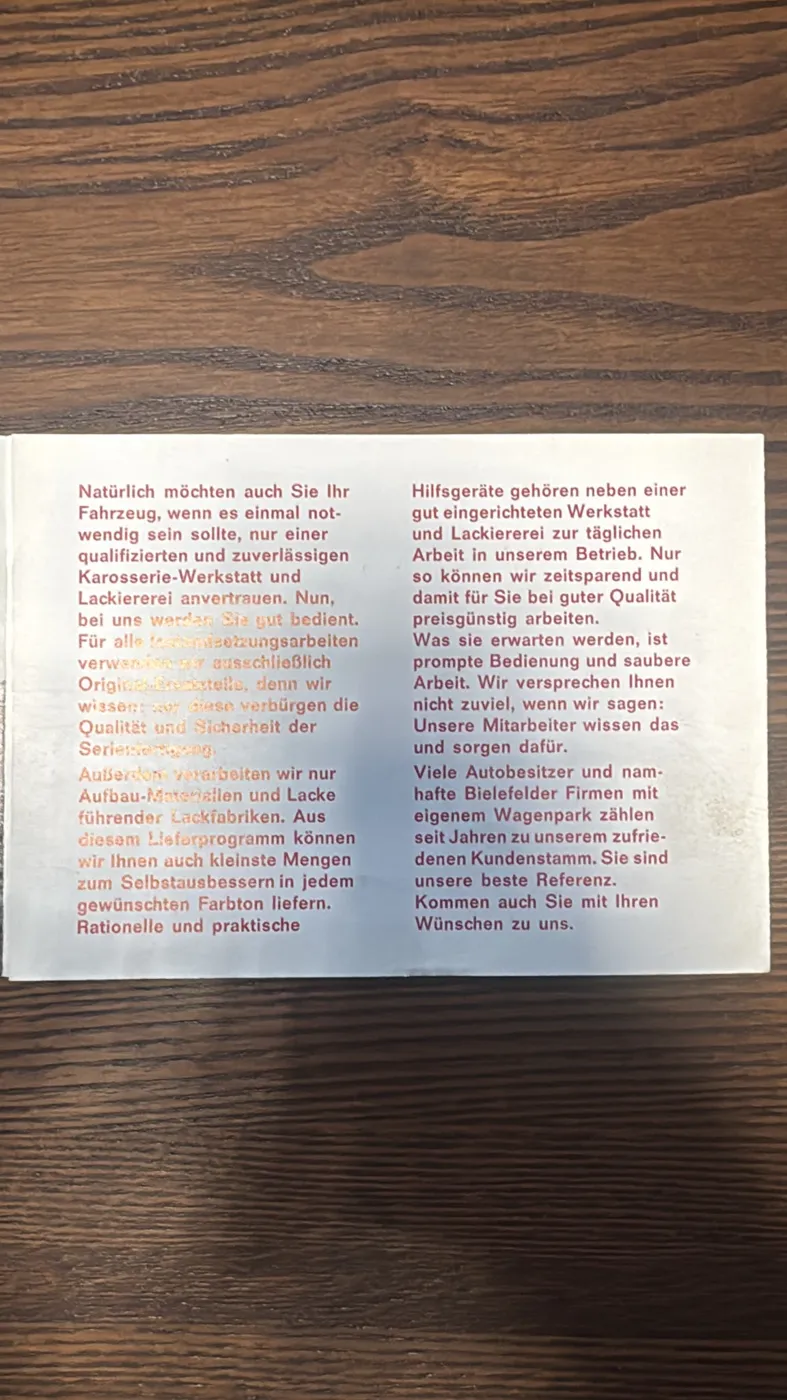 Service-Seite der Broschüre aus den 1950er Jahren